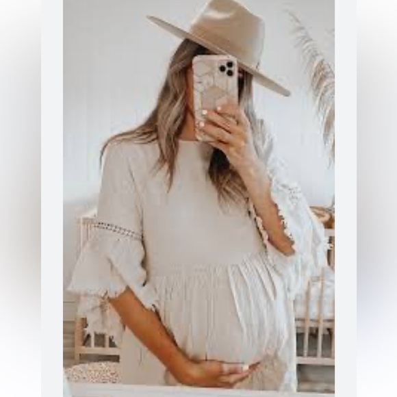 EUC LARGE PINK BLUSH BEIGE RAW EDGE BELL SLEEVE BABYDOLL LINEN MATERNITY DRESS - Picture 9 of 12